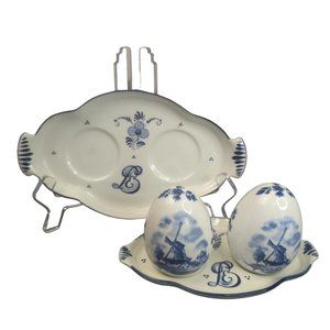 VTG Delfts Blue Hand Painted Egg Shape Salt Pepper Shakers 2 Tray Set Windmill